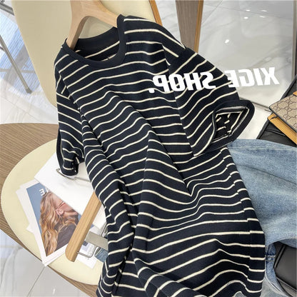 Women’s Korean Style Oversize Striped T-Shirt Loose Casual Short Sleeve Cotton Summer Commute Top