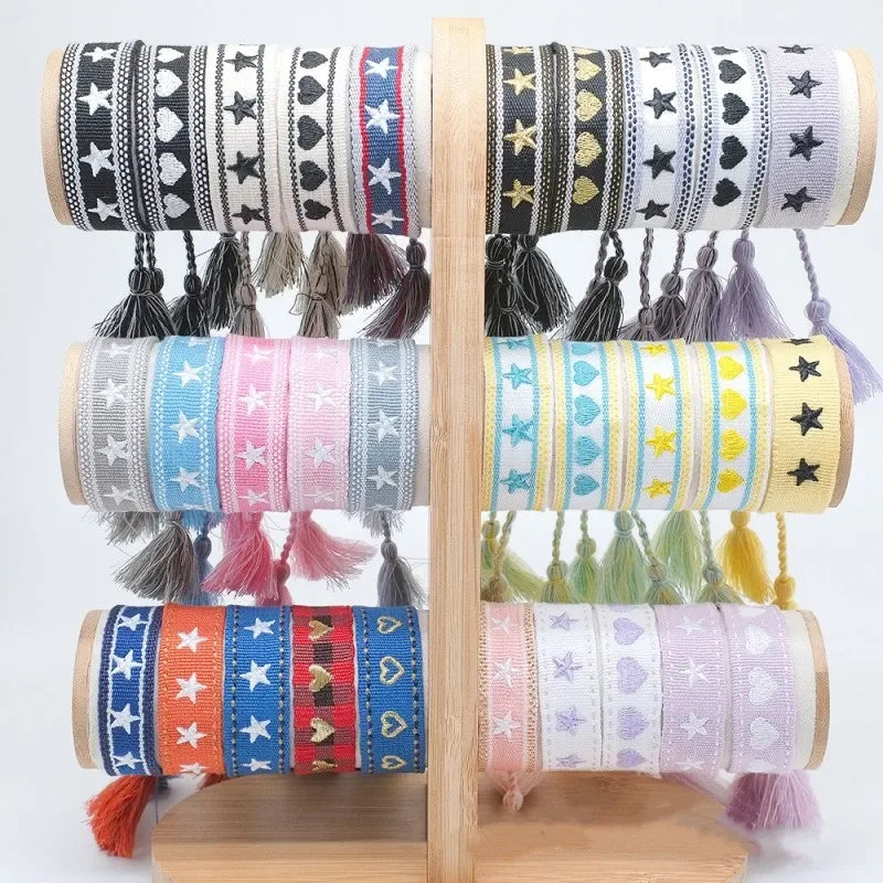 Pulsera de estrella bordada bohemia – Correa de muñeca tejida a mano con borlas para mujer | Regalo de joyería de moda étnica