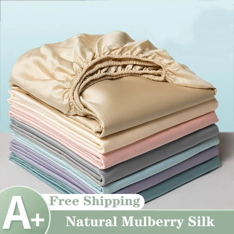 Luxury Mulberry Silk Fitted Sheet – Soft Elastic Mattress Cover for Single, Double, Queen & King Beds