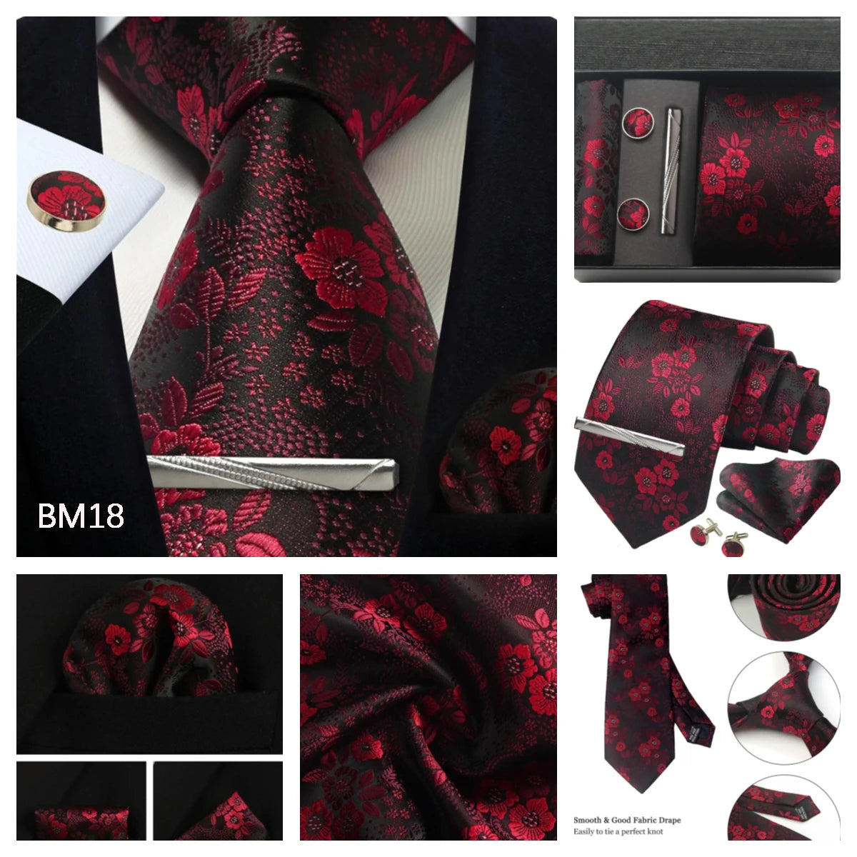 Corbata de seda 100% con diseño floral de Paisley para hombre con pañuelo de bolsillo, pasador de corbata y gemelos en caja de regalo