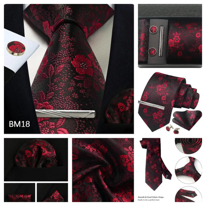Corbata de seda 100% con diseño floral de Paisley para hombre con pañuelo de bolsillo, pasador de corbata y gemelos en caja de regalo