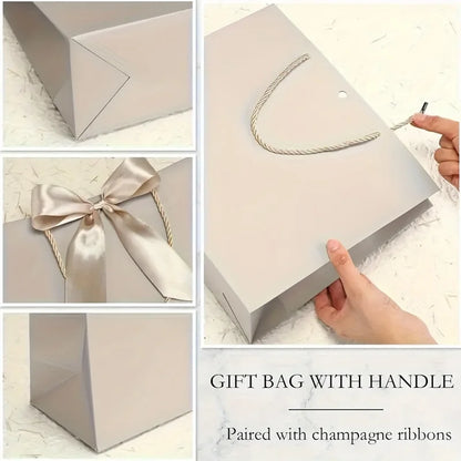 10 bolsas de regalo beige de "agradecimiento" con moños dorados – Elegantes bolsas de papel plegables para compras para recuerdos de bodas, regalos de fiestas y eventos