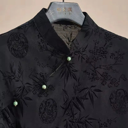 Blusa Jacquard Estilo Chino para Mujer – Top Cheongsam Vintage de Manga Corta, Camisa de Verano con Solapa Asimétrica