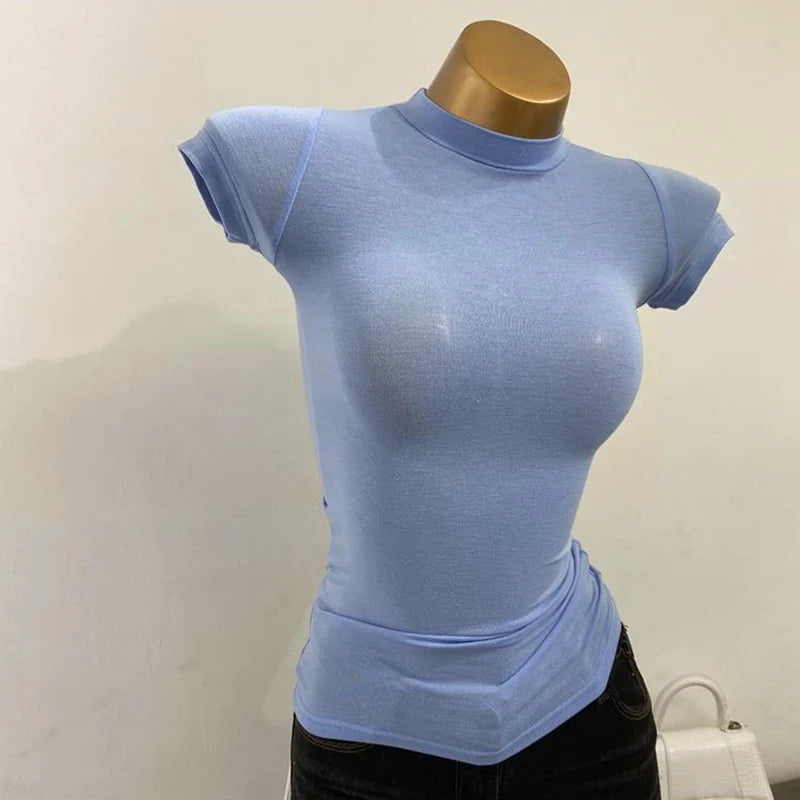 Half High Collar Korean T-Shirt – Transparent Short Sleeve Slim Fit Elastic Inner Top, Solid Color Bottoming Shirt for Women, Stylish Layering & Fashion Casual Wear