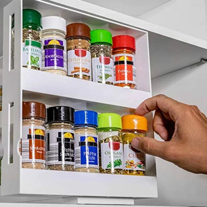 2-Tier Rotating Spice Organizer Rack – Multi-Function Sliding Kitchen Storage Shelf for Cabinets, Cupboards & Countertops
