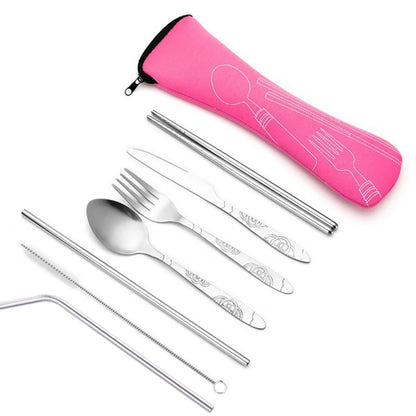 Ensemble de couverts de voyage en acier inoxydable 7 pièces – Couteau, fourchette, cuillère, baguettes et paille portables avec sac de transport pour le camping en plein air, les pique-niques, l'école et les repas quotidiens