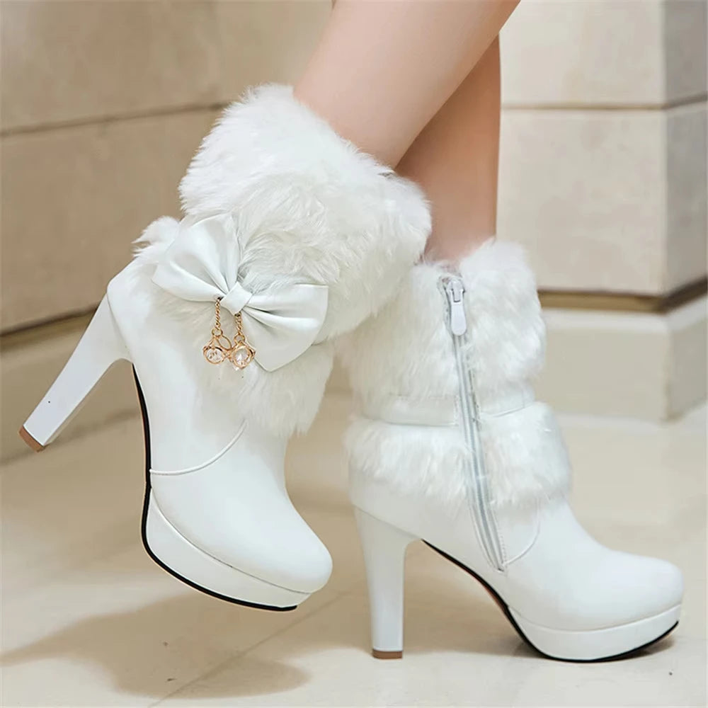 Women’s Winter High Heel Boots – Pink, White & Black Fur Tassel Bowtie Lolita Party & Wedding Shoes, Fashion Boots Size 34–43