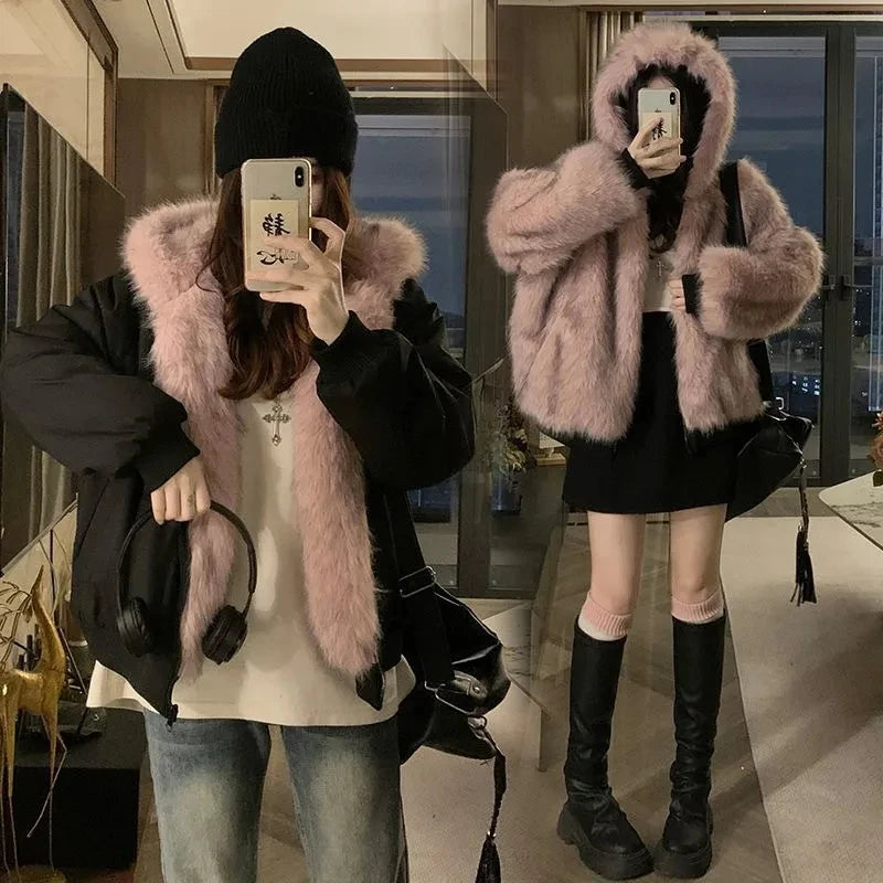 Women’s Double-Sided Faux Mink Fur Coat – Thick Plush Cotton-Padded Hooded Jacket, Loose-Fit Warm Outerwear for Autumn & Winter