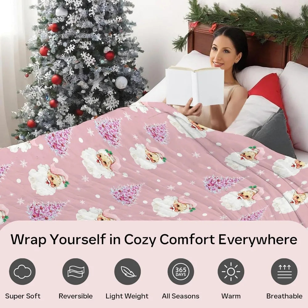 Soft Plush Christmas Blanket – Cute Santa Claus, Pink Christmas Tree & Snowflake Warm Throw Blanket for Couch & Holiday Home Decor