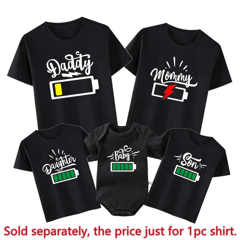 Family Matching T-Shirts – Funny Battery-Themed Daddy, Mommy & Kids Tees, Matching Family Look for Baby Boys, Girls, Brothers & Sisters