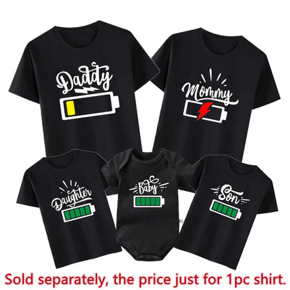 Family Matching T-Shirts – Funny Battery-Themed Daddy, Mommy & Kids Tees, Matching Family Look for Baby Boys, Girls, Brothers & Sisters
