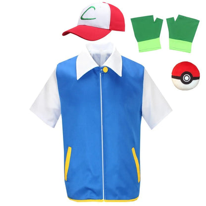 Pokémon Ash Ketchum Inspired Cosplay Costume – Unisex Trainer Outfit Set for Boys & Girls with Jacket, Pants, Hat & Accessories for Halloween, Convention & Roleplay Events