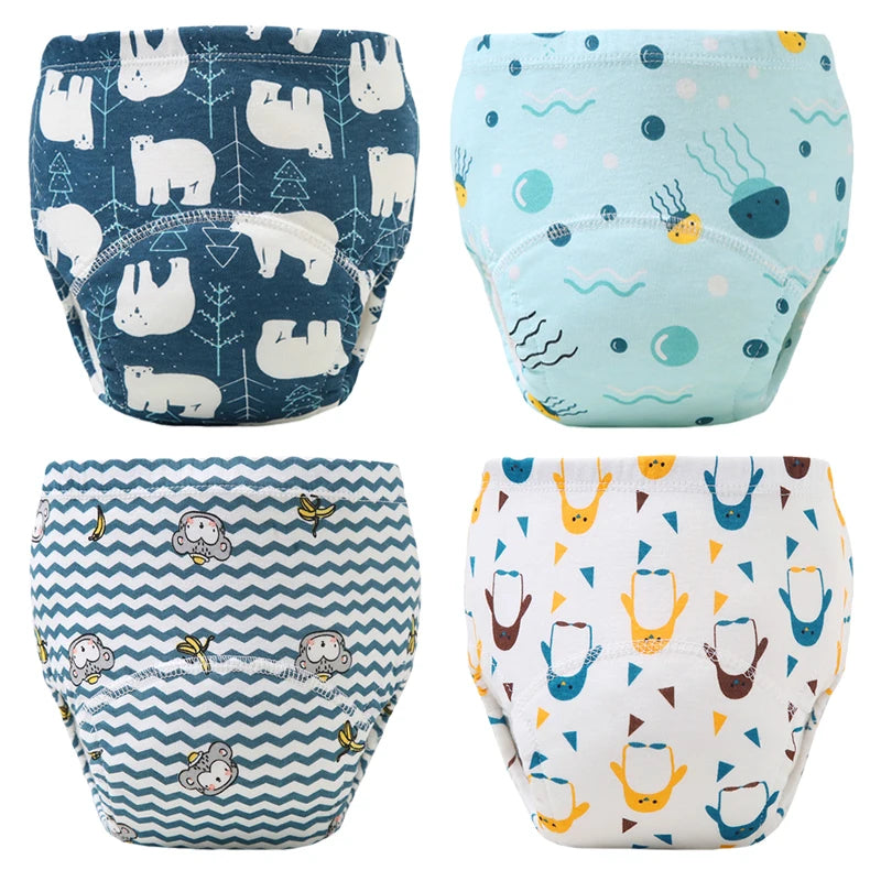 Culottes d'apprentissage de la propreté imperméables réutilisables (lot de 4) – Sous-vêtements d'entraînement en coton doux pour bébés garçons et filles avec protection anti-fuites