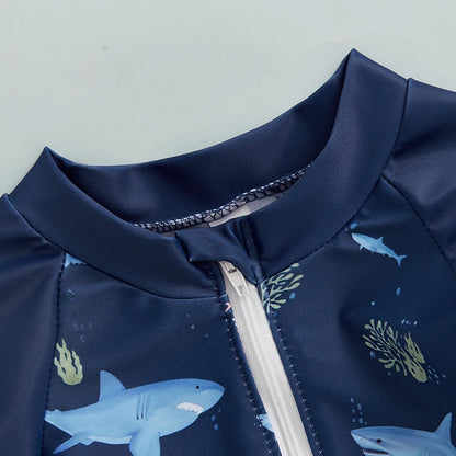 Kids Shark Print Rash Guard Swimwear Set – Long Sleeve Half Zip-Up Bathing Suit with Sun Hat, 2-Piece Toddler Boys’ Swimsuit for 0-5 Years, UV Protective Beachwear for Pool, Swimming & Summer Activities
