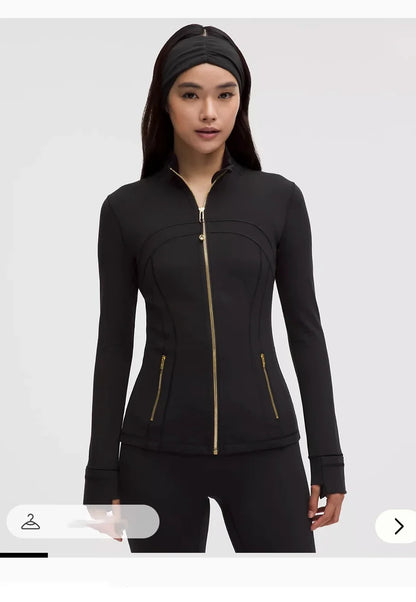 Women’s Gold Zipper Yoga Jacket – Stand Collar Slim Fit Quick-Dry Breathable Sports & Running Activewear