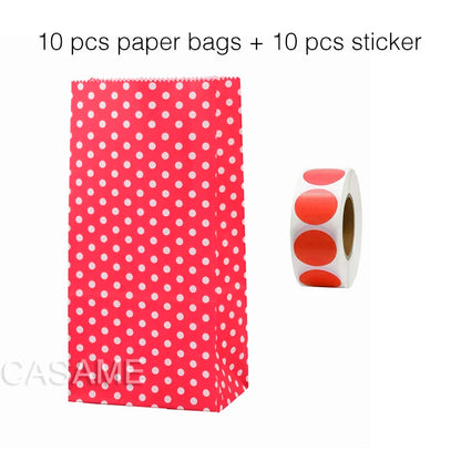 10PCS Stand-Up Colorful Gift Bags with Stickers – Solid, Striped & Polka Dot Treat Bags for Wedding, Birthday & Party Favors (18×9×6cm)