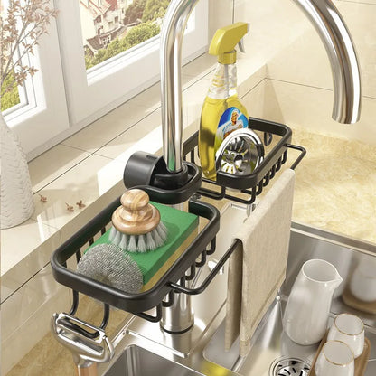 Aluminum Sink Caddy Sponge Holder Faucet Storage Rack Soap Drain Organizer for Kitchen & Bathroom