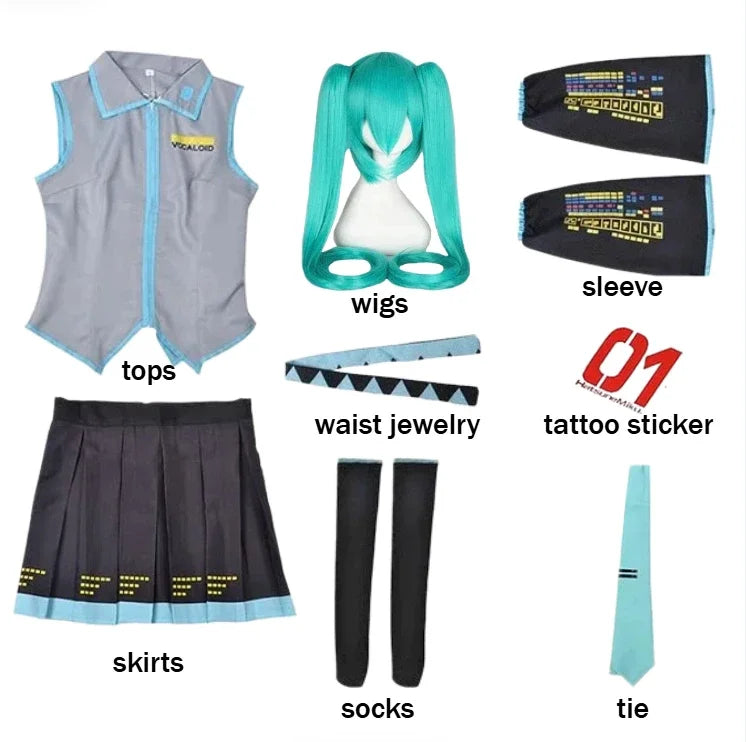 Green Ponytail Anime Cosplay Wig & Costume Set – Virtual Singer Roleplay Outfit with Top & Skirt for Comic Con, Party & Halloween Props