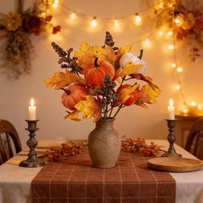 Artificial Fall Maple Leaf Bouquet with Decorative Berries – Low-Maintenance Harvest Festival Flowers for Autumn Home & Table Decor