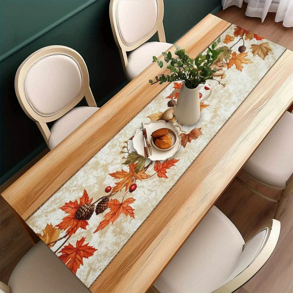 1PC Autumn Squirrel & Maple Leaf Table Runner – Cozy Fall Farmhouse Decor for Thanksgiving, Dining Tables & Holiday Gatherings