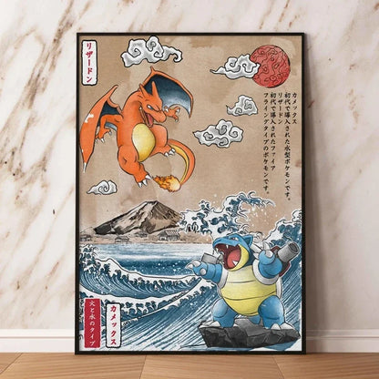 Pokémon Dracaufeu & Tortank Impression sur Toile Décoration Murale Tableau Poster HD pour Salon Maison