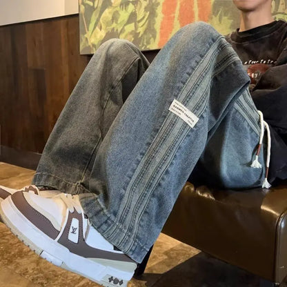 Vaqueros rectos retro para hombre – Pantalones de mezclilla casuales estilo americano de ajuste holgado, con cintura elástica y a la moda urbana