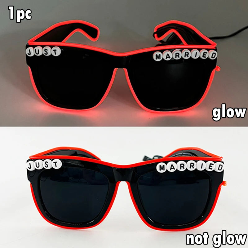Just Married LED Heart Glasses – Light-Up EL Neon Glasses for Weddings, Engagements & Bridal Showers