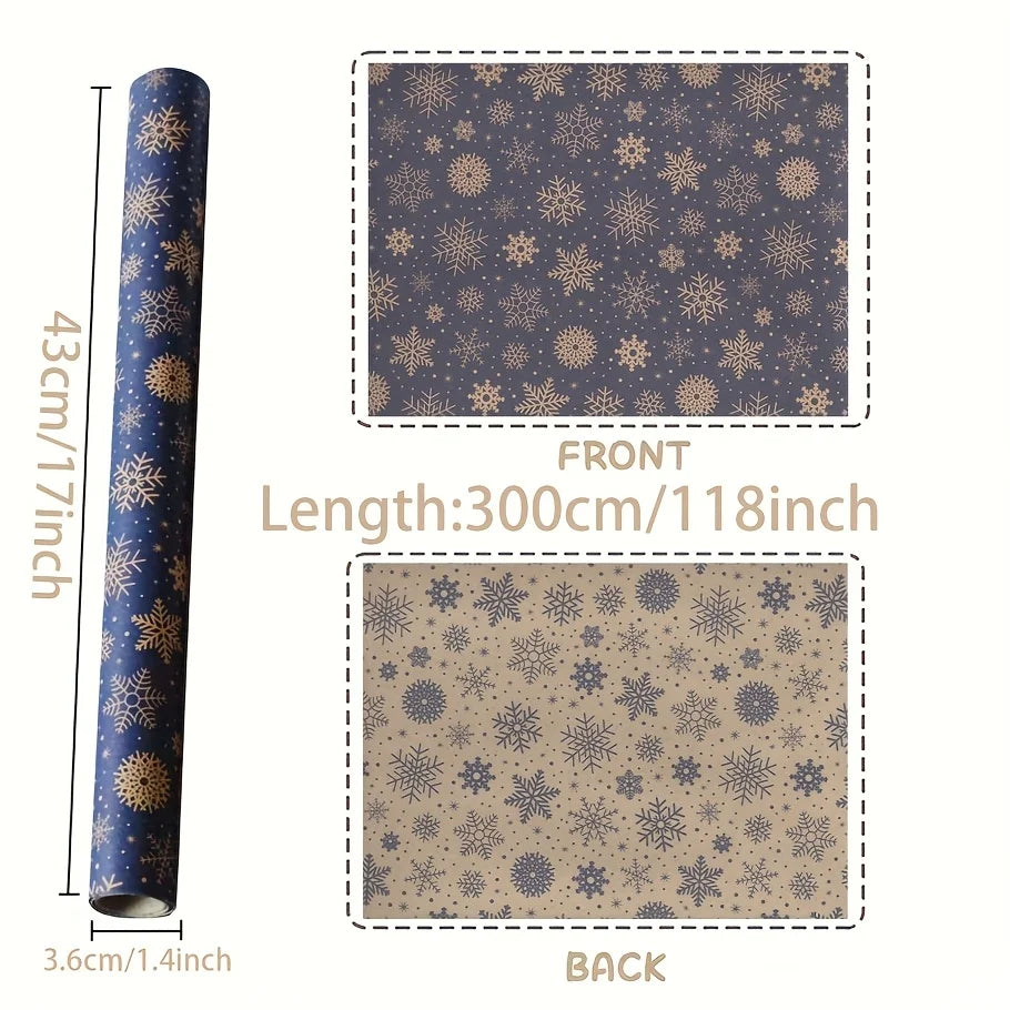 1 Roll Extra Long Navy Blue Snowflake Wrapping Paper – Double-Sided Winter Snowflake Kraft Gift Wrap for Christmas & Holiday Packaging