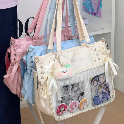 Bolso Bandolera con Lazo Estilo Universitario – Bolso de Hombro de Gran Capacidad para Chicas, Bolso Ita de Moda JK, Bolso de Mano con Acento de Lazo para Libros Escolares, Material Escolar y Uso Diario