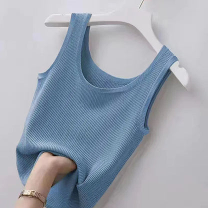 Haut court décontracté basique en tricot à col en U sans manches et de couleur unie pour femme, idéal pour l'automne