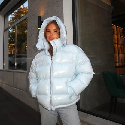 Women’s Glossy Hooded Winter Jacket – Zip-Up Short Cotton-Padded Coat with Elastic Waist & Pleated Design, High-Street Outerwear