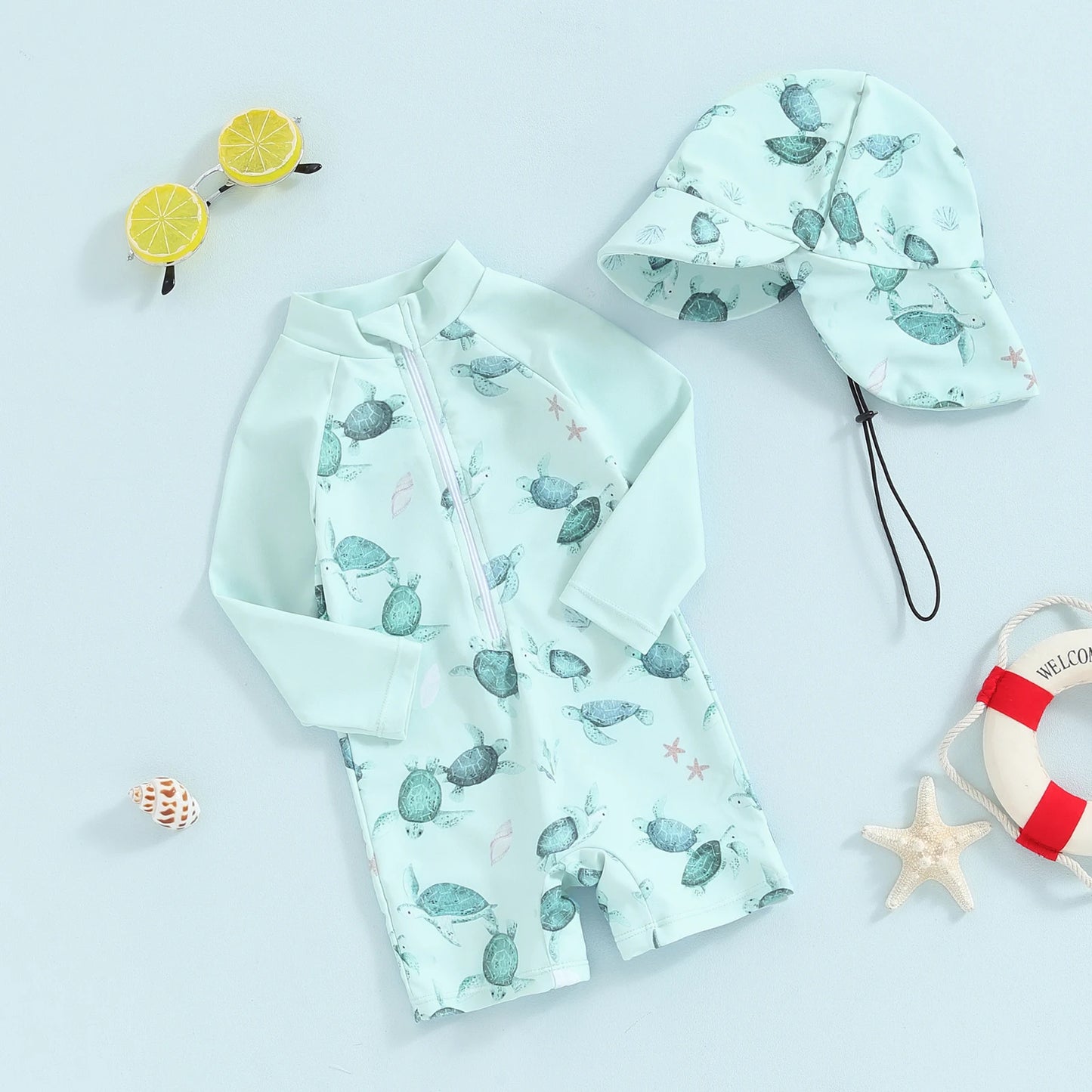 Toddler Baby Boy Whale Print Swimwear Set – Long Sleeve Rash Guard Swimsuit with Sun Hat, Infant UV Protective Beachwear for Swimming, Pool, Summer Vacation & Outdoor Activities