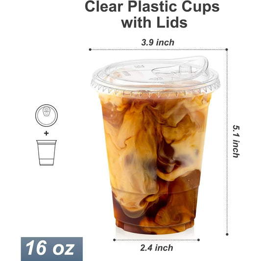 Vasos de Plástico Transparente de 16oz/20oz con Tapas – Vasos Desechables para Café Helado con Tapas con Abertura para Beber, Vasos Resistentes para Smoothies, para Bebidas Frías, para Llevar y para Fiestas