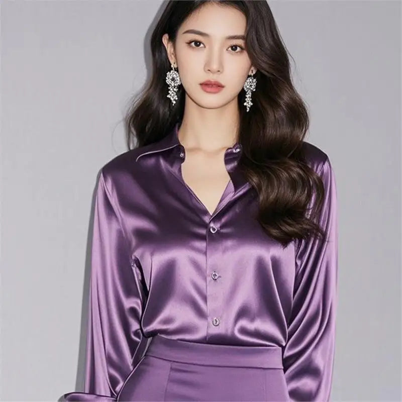 Chemisier en Soie Satinée à Manches Longues pour Femme – Chemise de Bureau Élégante Ample Boutonnée, Haut de Travail Professionnel d'Automne