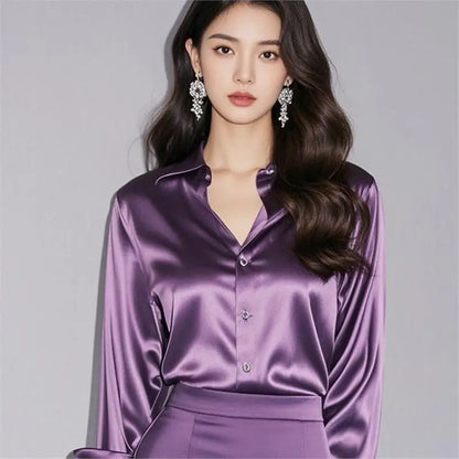 Chemisier en Soie Satinée à Manches Longues pour Femme – Chemise de Bureau Élégante Ample Boutonnée, Haut de Travail Professionnel d'Automne