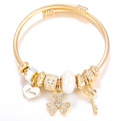 Pulsera con colgante de corazón y cuentas – Pulsera de abalorios de acero inoxidable de 4 colores para mujer | Regalo de joyería de moda dorada de tendencia