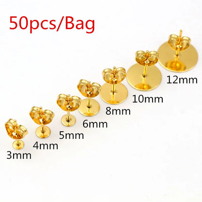 Clous de boucles d'oreilles en acier inoxydable doré, 50 à 100 pièces, avec attaches – Tiges de base vierges pour la fabrication de bijoux et boucles d'oreilles DIY