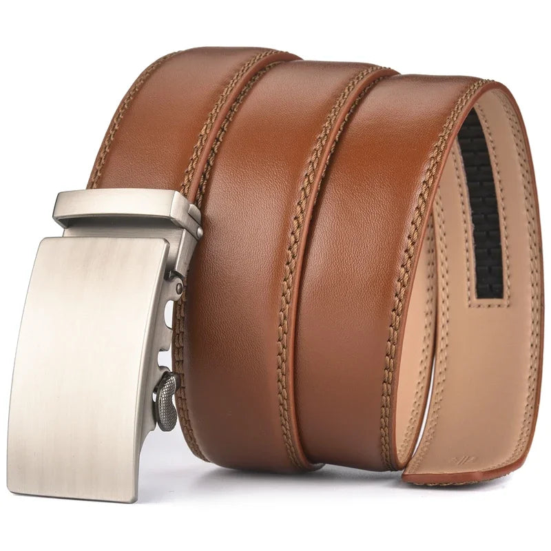 Plyesxale Men's Brown Leather Belt 2026 – Automatic Buckle Vintage Belt for Jeans, Luxury-Style Casual Waist Strap, Ceinture Homme B9