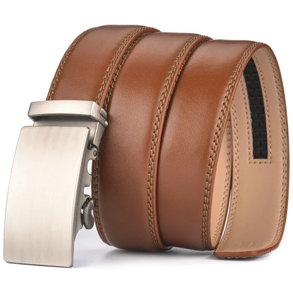 Plyesxale Men's Brown Leather Belt 2026 – Automatic Buckle Vintage Belt for Jeans, Luxury-Style Casual Waist Strap, Ceinture Homme B9