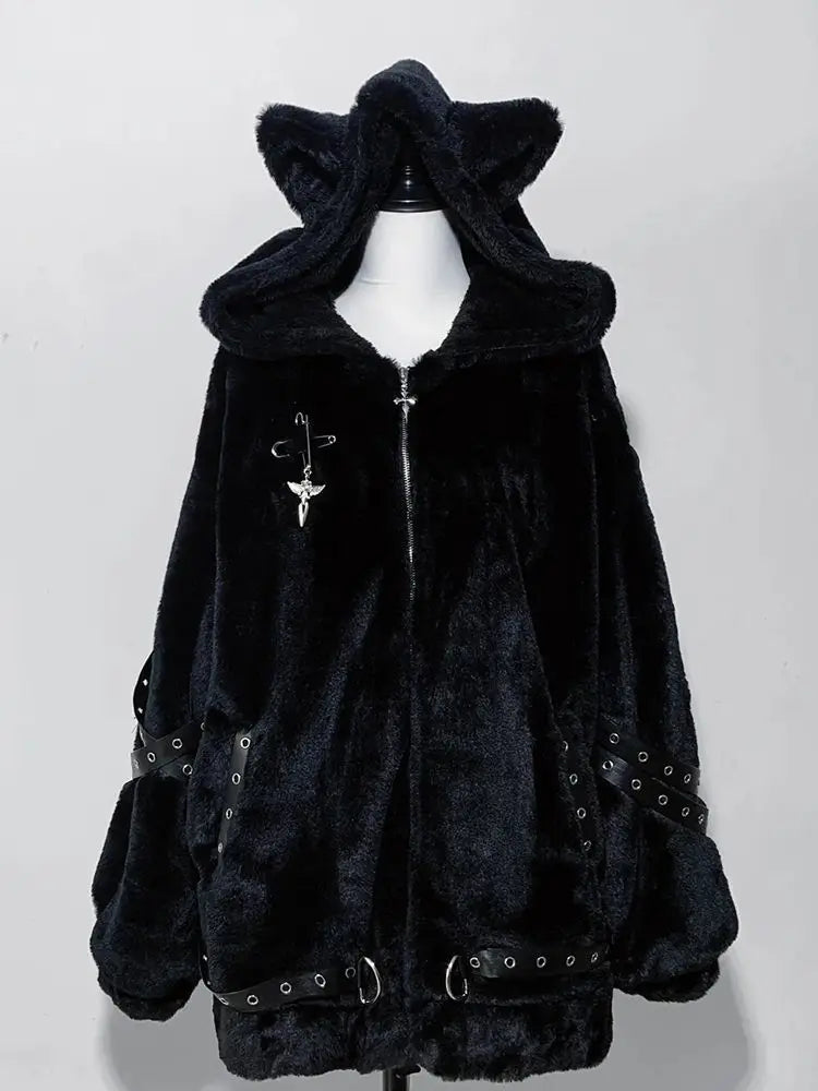 Women’s Harajuku Vintage Safari Jacket – Hooded Zip-Up Sweatshirt, Y2K Grunge Streetwear Coat with Stand Collar
