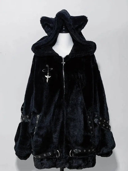 Women’s Harajuku Vintage Safari Jacket – Hooded Zip-Up Sweatshirt, Y2K Grunge Streetwear Coat with Stand Collar