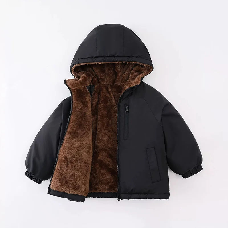 Kids Double-Sided Fleece Hooded Jacket, Thick Warm Winter Cotton-Padded Coat for Boys and Girls Ages 3-8, Solid Color Autumn Outerwear