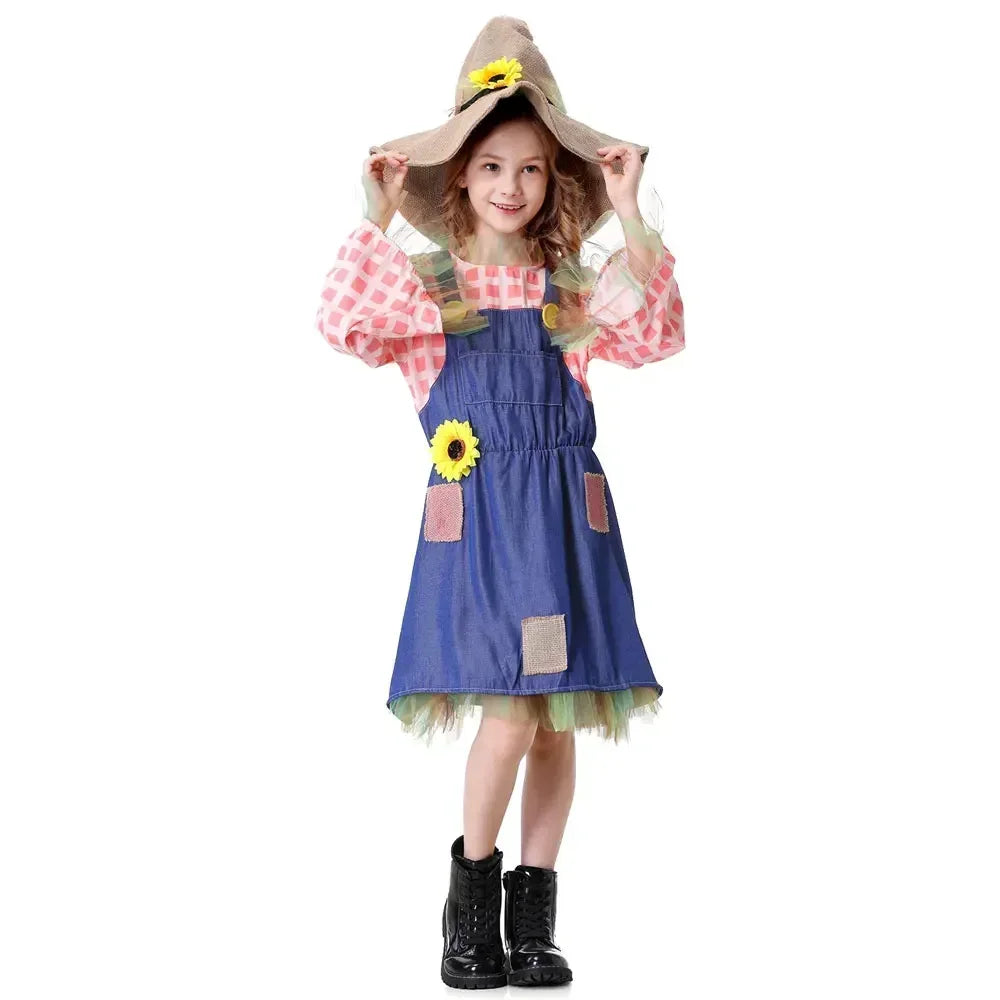 Parent-Child Pioneer Girl Cosplay Costume – Colonial Floral Village Dress with Hat for Kids Halloween, Carnival & Dress-Up Role Play
