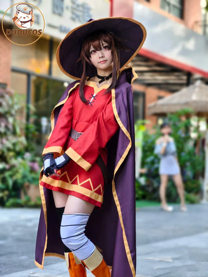 KonoSuba Megumin Cosplay Costume – Witch Cloak Set with Wig, Hat, Blindfold & Stockings (Women’s Halloween Outfit)