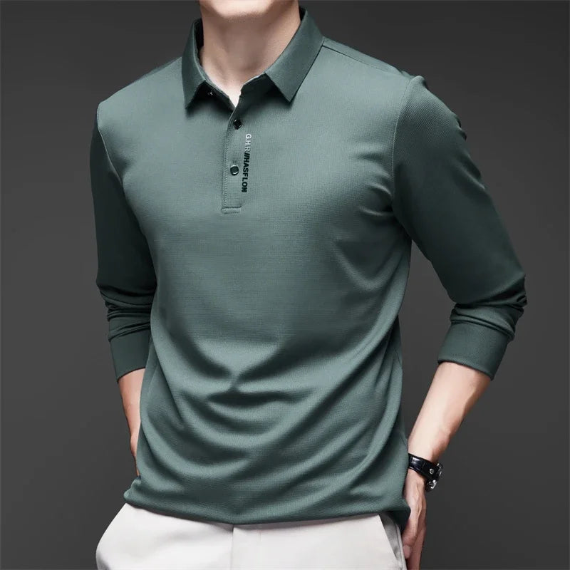 Polo à manches longues pour homme – Haut décontracté de couleur unie, respirant, confortable et tendance pour le quotidien