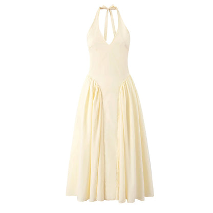 YENKYE Women’s Sexy Backless Green Halter Midi Dress Elegant Low Waist A-Line Cotton Summer Evening Party Robe