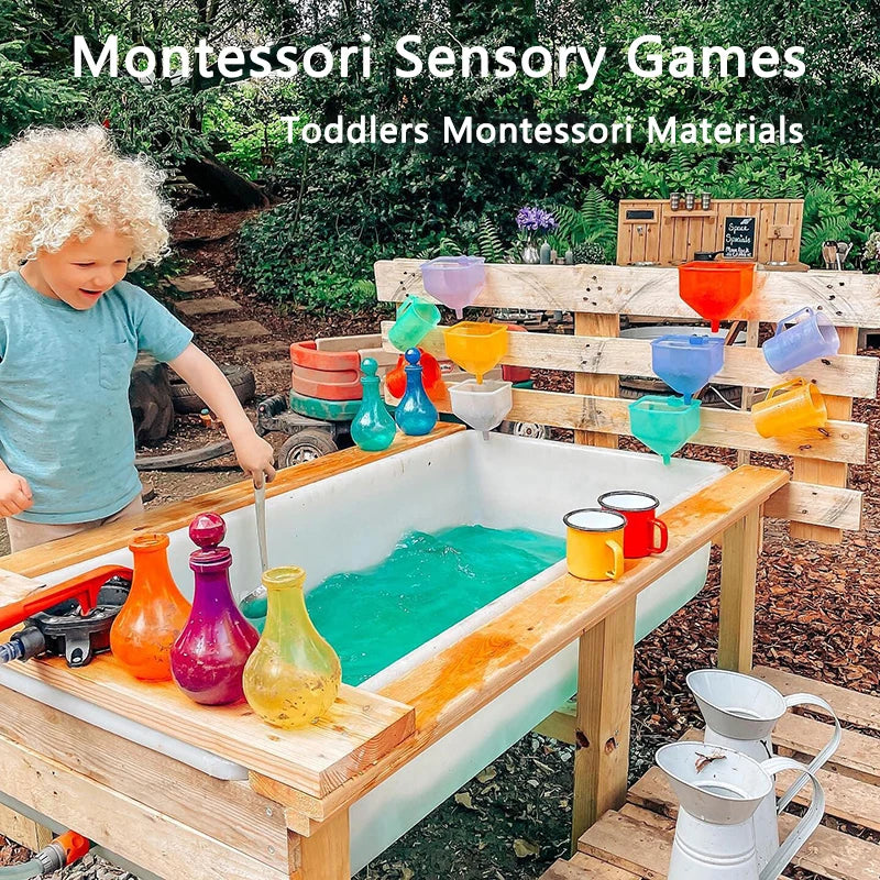 Kit de jeu sensoriel Montessori sable et eau – Jouet d'apprentissage STEM ouvert avec gobelets doseurs arc-en-ciel, entonnoirs, pelles, pinces et tuyaux, jouet d'activité créative en extérieur pour enfants