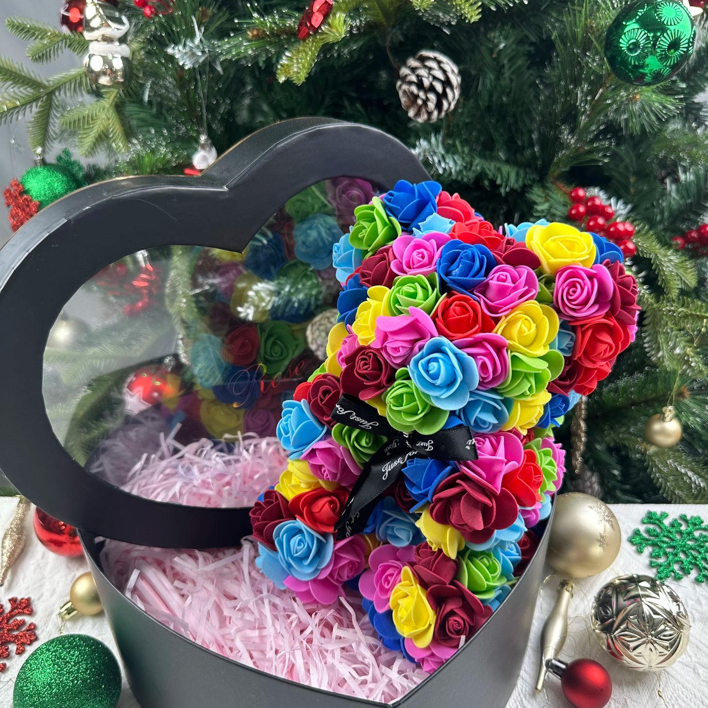 Oso de rosas artificiales de 25 cm con caja de regalo – Regalo romántico para ella en San Valentín, aniversario y boda