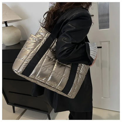 Sac à bandoulière matelassé pour femmes – Grand sac fourre-tout en nylon pour l'hiver 2025, motif en coton chaud, sac à main de voyage décontracté et tendance