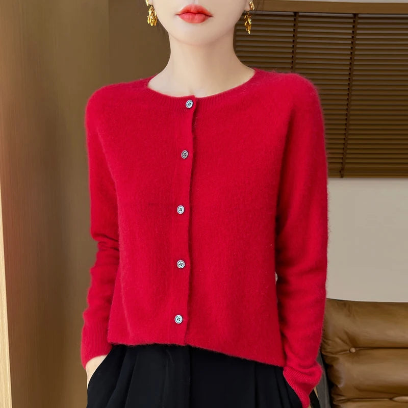 Women's 100% Merino Wool Long-Sleeve Sweater – O-Neck Knit Cardigan-Style Top for Spring & Autumn, Soft Basic Fashion Knitwear
